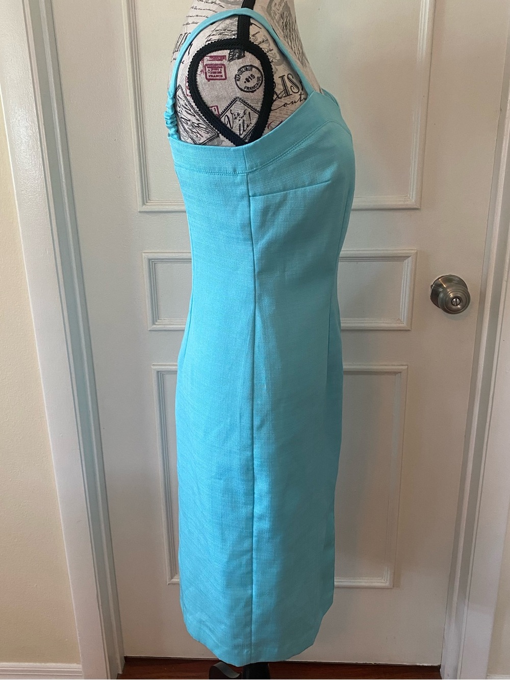 Ann Taylor Petite 0P Aqua Blue Sheath Dress | Lined Career Cocktail Midi - Picture 4 of 16